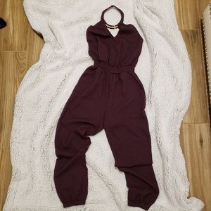 Love, Fire Burgundy Halter Textured Jumpsuit